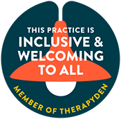 therapy den member badge that reads this practice is inclusive & welcoing to all