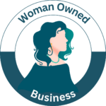 words woman owned business on a circle with a cyan woman silhouette in the middle